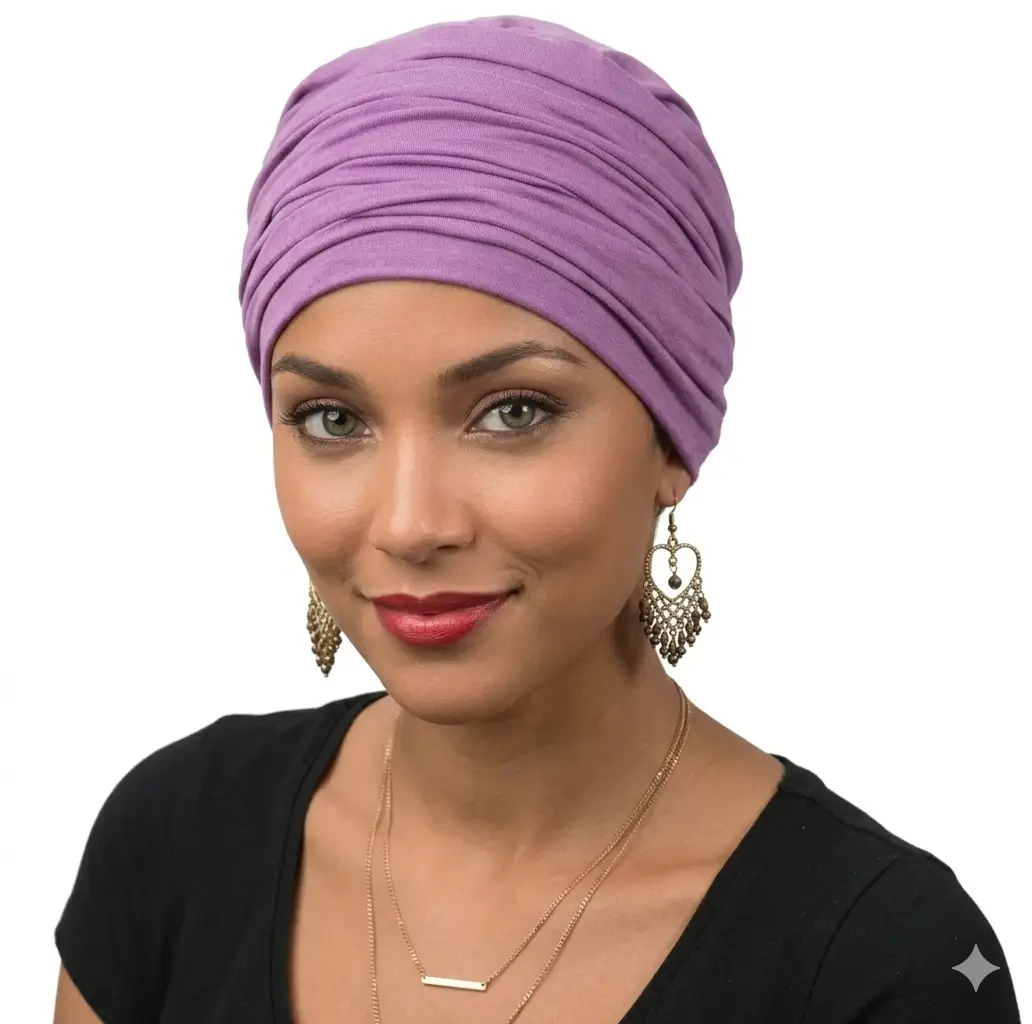 Bonnet chimio bambou Martine - confortable - sans couture 1 Bonnet chimio femme Martine parme en bambou doux.