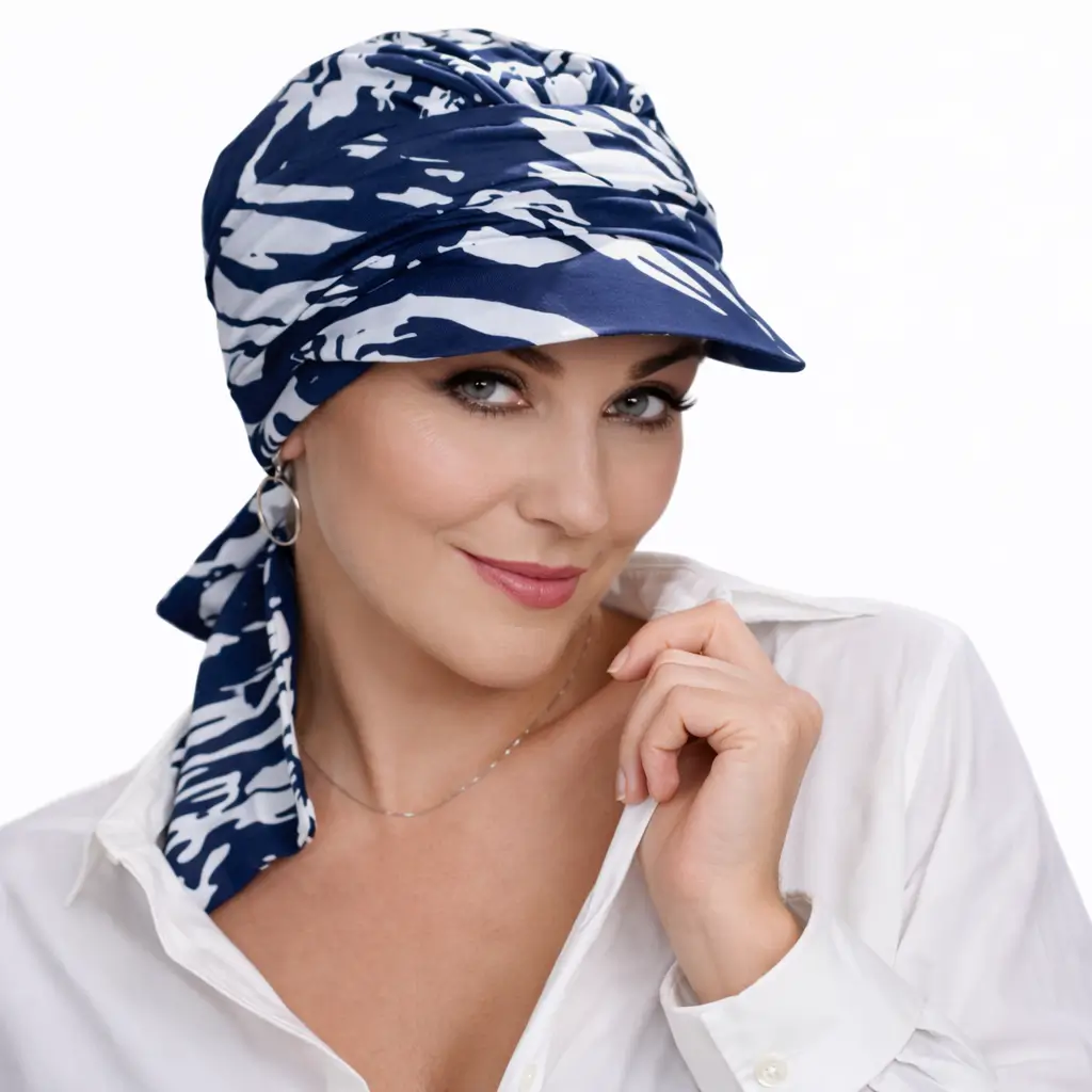Bonnet chimio bambou avec visière bertha - 2-en-1 - Modulable 1 Bonnet chimio avec visière bleu imprimé en bambou – turban femme confortable et modulable