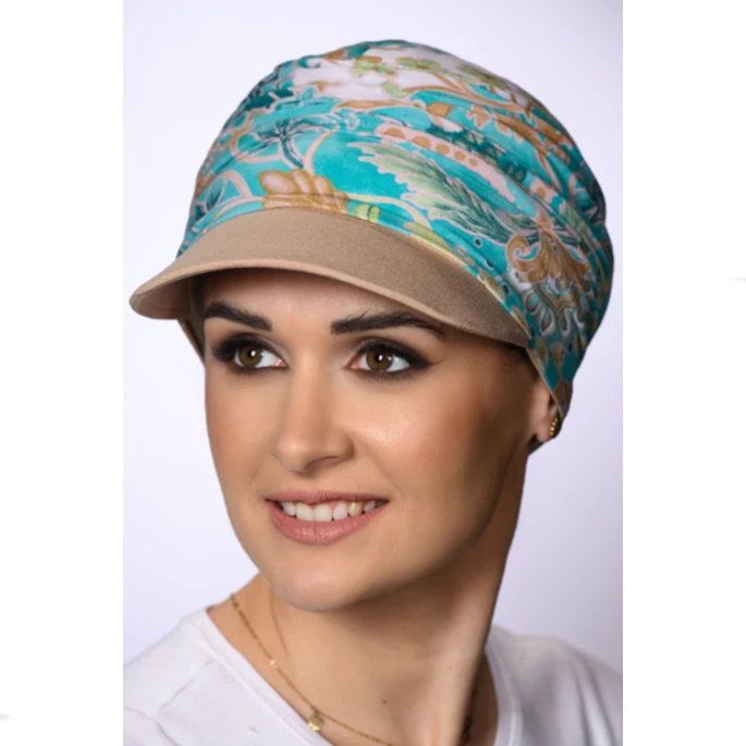 Casquette chimio femme 3 en 1 - Bonnet + Visière 3 Casquette chimio Sabrina en bambou couleur praline à motif imprimé