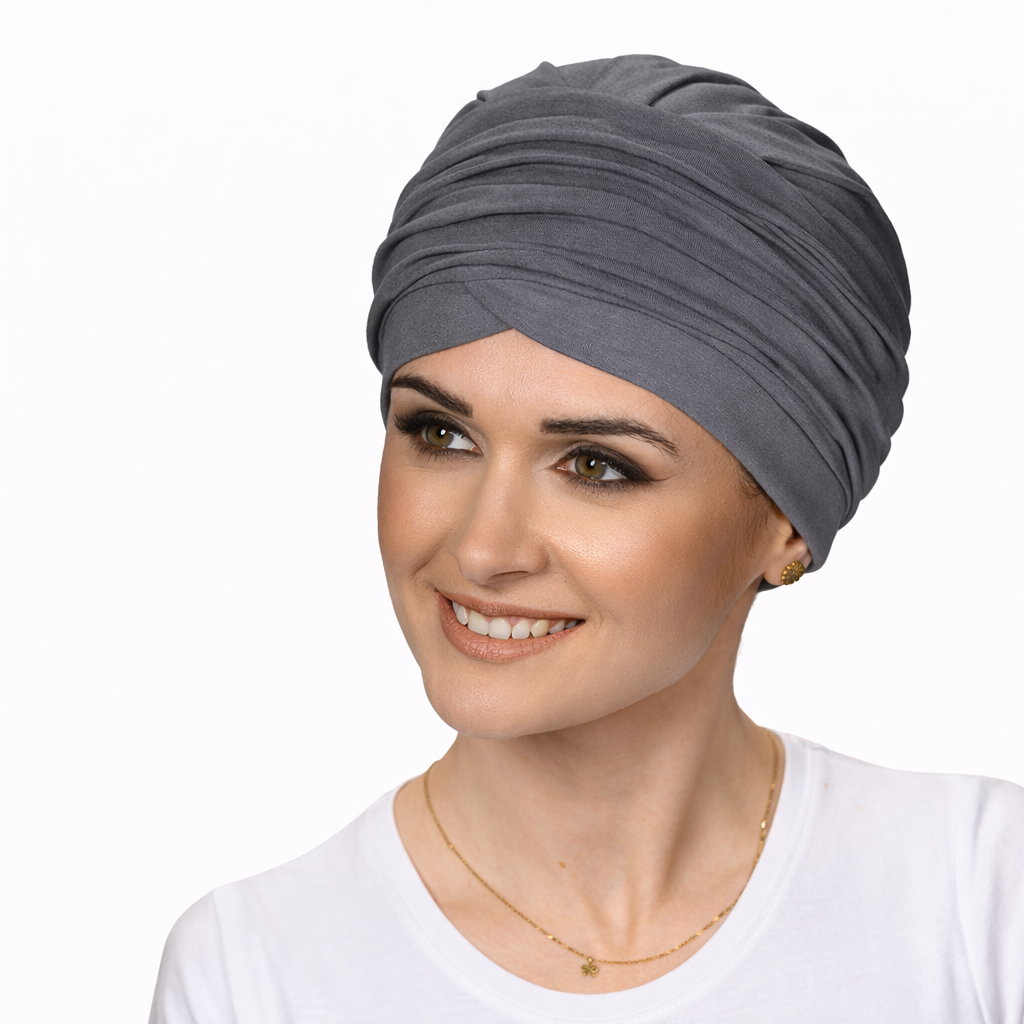 Bonnet Chimio Esme 4 Bonnet chimio bambou ardoise élégant avec effet croisé