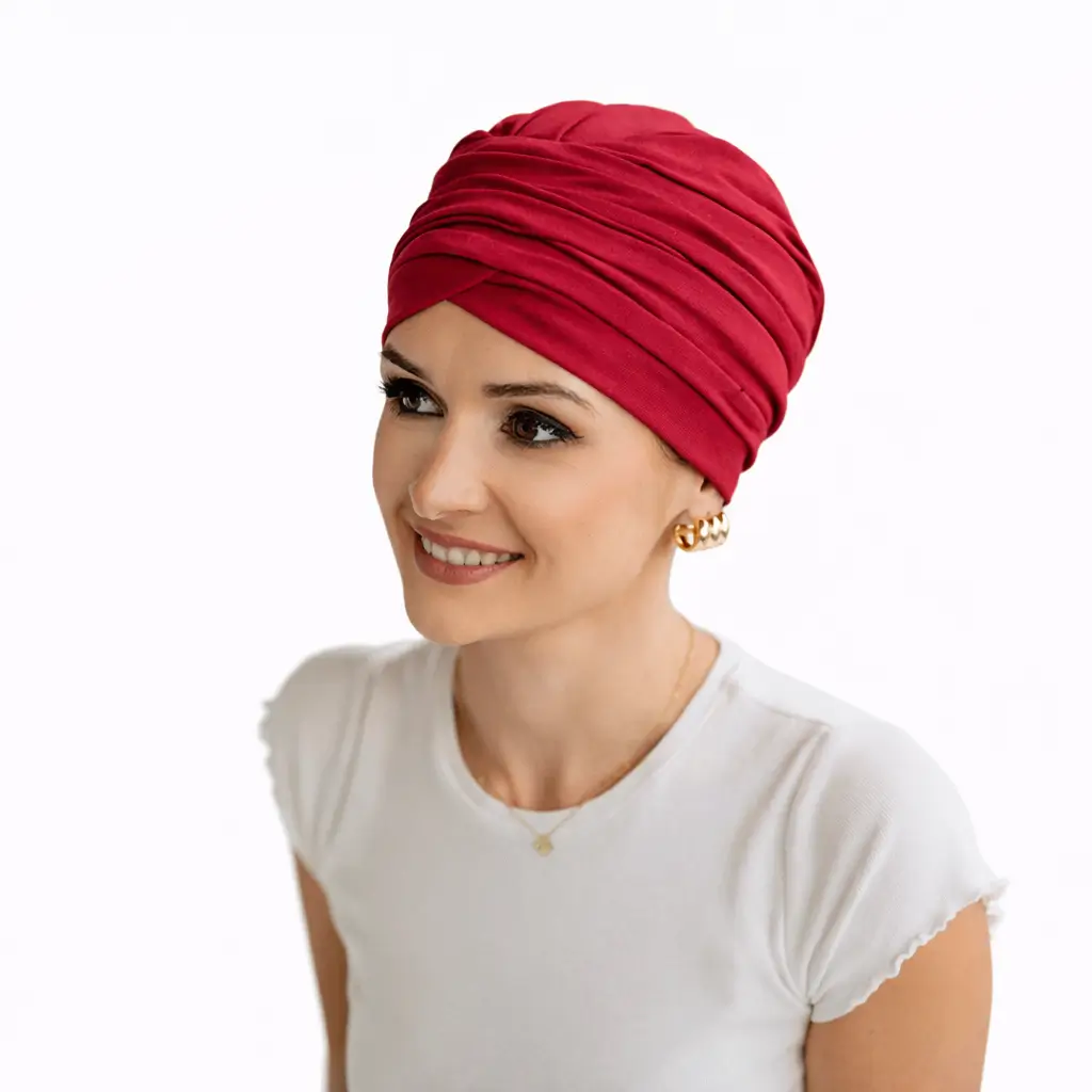 Bonnet Chimio Esme 5 Bonnet chimio bambou rouge élégant avec effet croisé