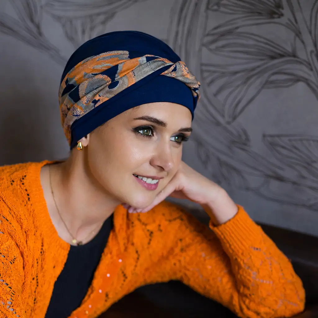Bonnet chimio femme Ariel et son bandeau SeiKo - Bambou - Elégance 4 Bonnet chimio Ariel navy et son bandeau Seiko en bambou