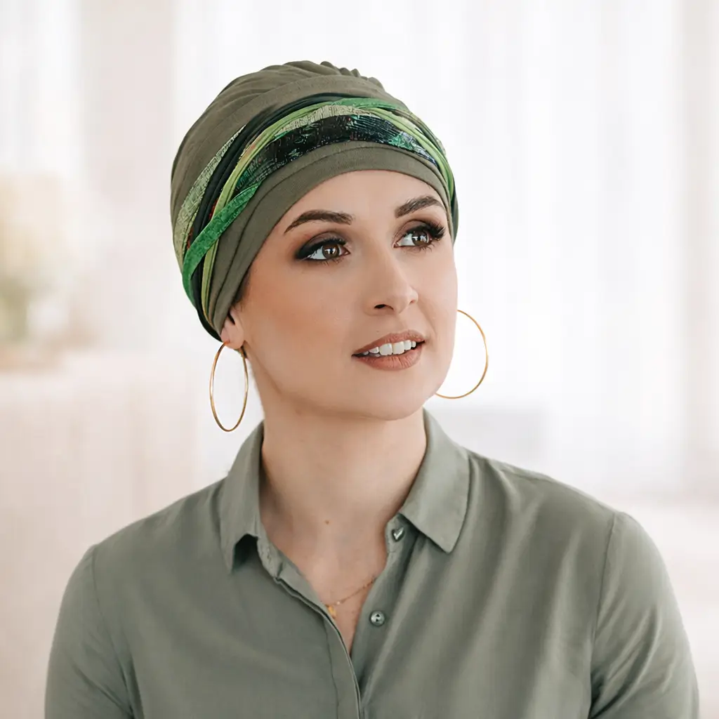 Bonnet chimio Ariel avec bandeau Aurore - Élégance et confort au naturel 1 Bonnet chimio Ariel olive en bambou avec son bandeau élégant