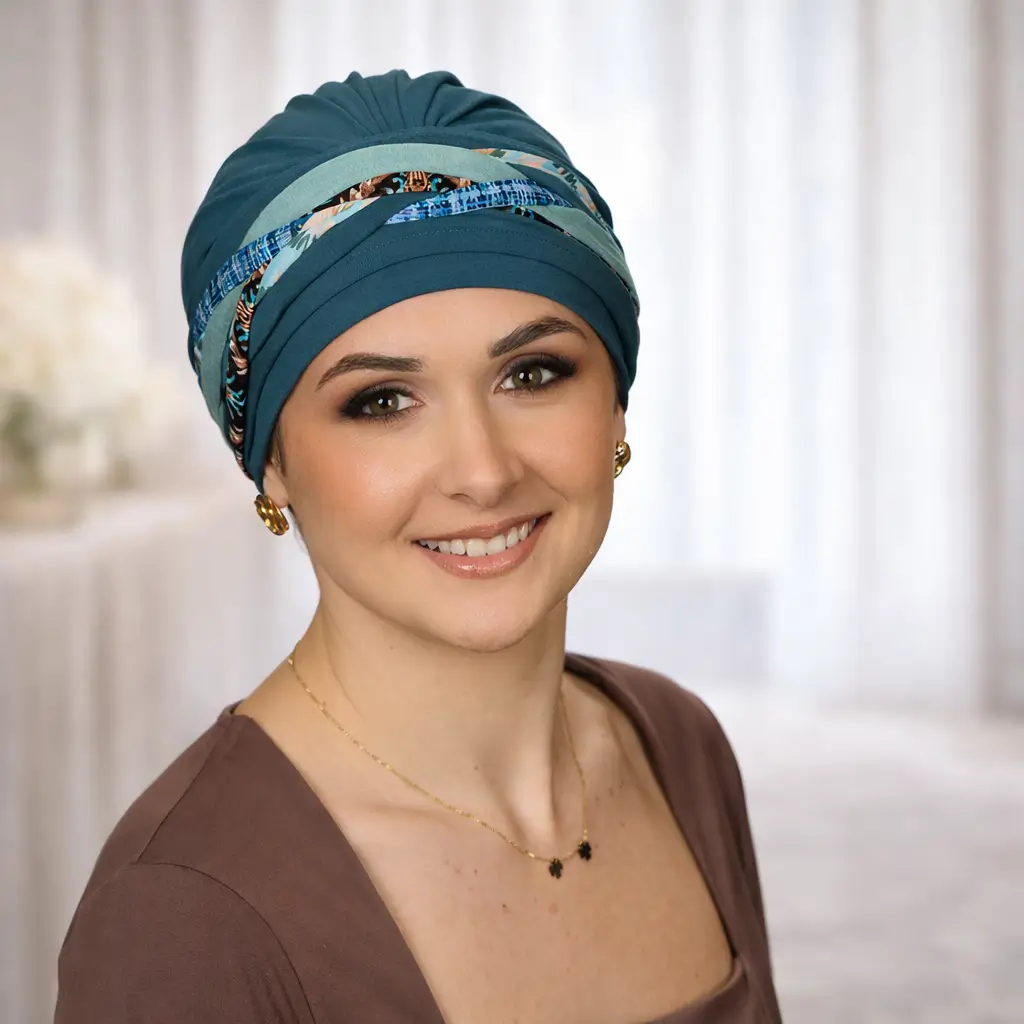 Bonnet chimio Ariel avec bandeau Aurore - Élégance et confort au naturel 4 Bonnet chimio Ariel canard en bambou avec son bandeau