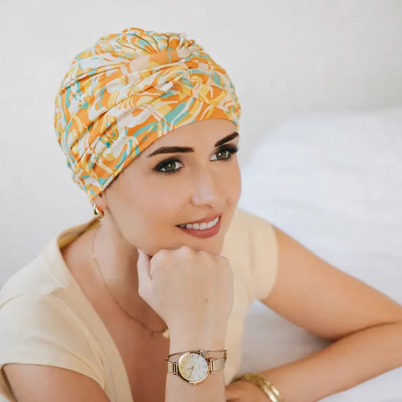 Bonnet chimio Nicoletta Sunset en bambou pour cuir chevelu sensible.