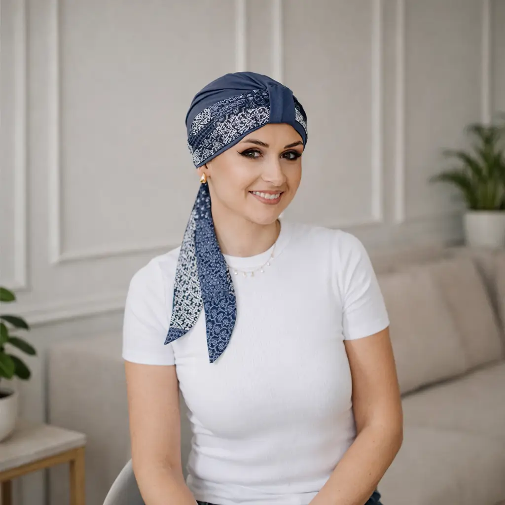 Bonnet chimio bambou Valery et son foulard Nora - Modularité 4 Bonnet chimio bambou femme et foulard Nora ardoise