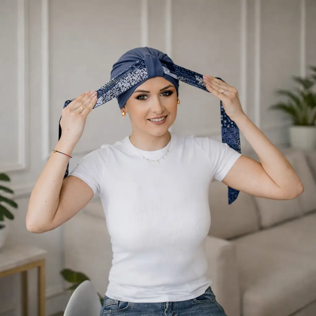 Bonnet chimio bambou Valery et son foulard Nora - Modularité 3 Bonnet chimio bambou femme et foulard Nora ardoise