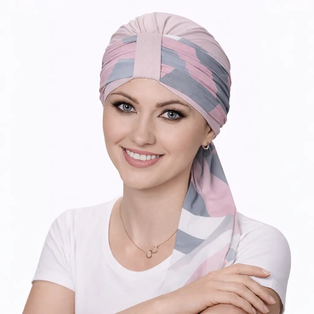Bonnet chimio bambou Valery et son foulard Nora - Modularité 8 Bonnet chimio bambou femme et foulard Nora rose
