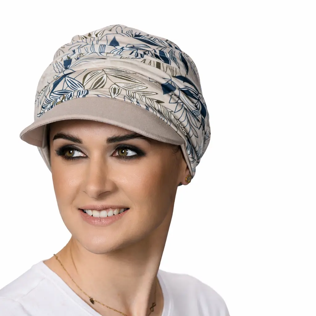 Casquette chimio femme 3 en 1 - Bonnet + Visière 2 Casquette chimio Sabrina calypso en bambou.