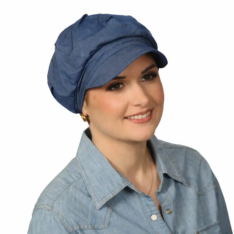 ACCUEIL 7 Casquette chimio Tess bleu en coton avec visière - femme