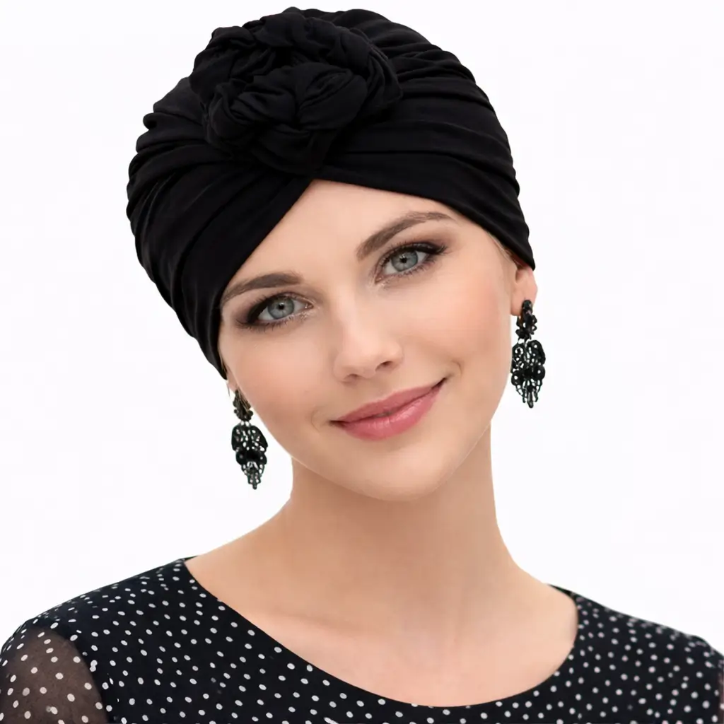 Bonnet Chimio Bambou Morgan - Elégance avec son noeud 2 Bonnet chimio bambou ébène Morgan turban femme respirant