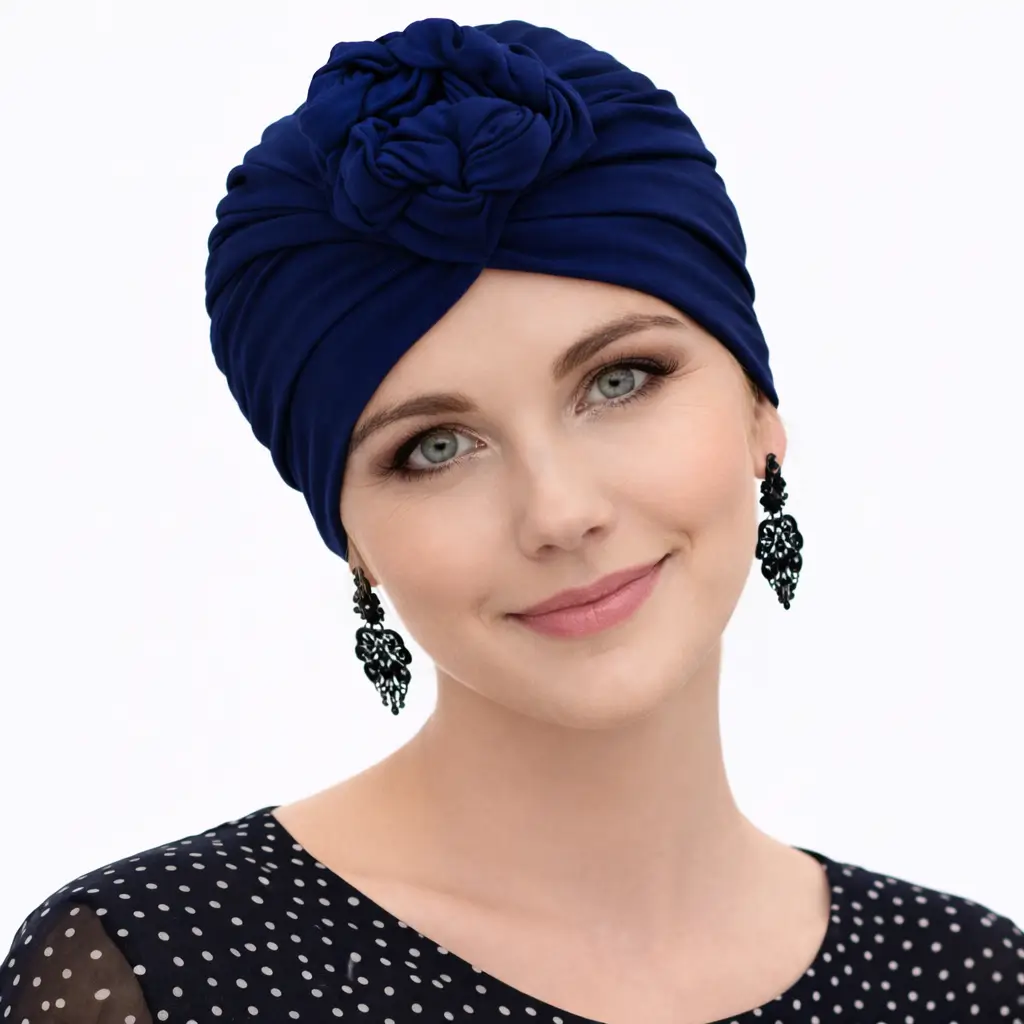 Bonnet Chimio Bambou Morgan - Elégance avec son noeud 3 Bonnet chimio bambou navy Morgan turban femme respirant