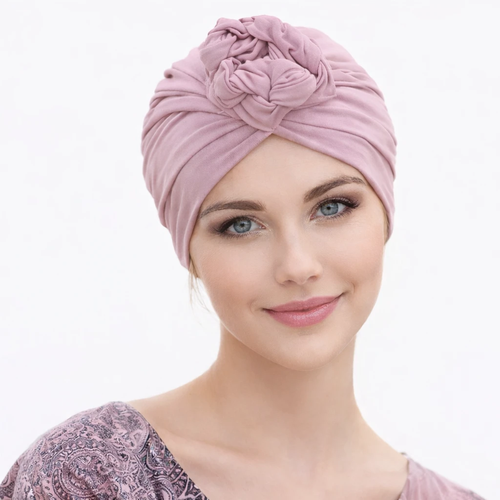 Bonnet Chimio Bambou Morgan - Elégance avec son noeud 1 Bonnet chimio bambou rose Morgan turban femme confortable