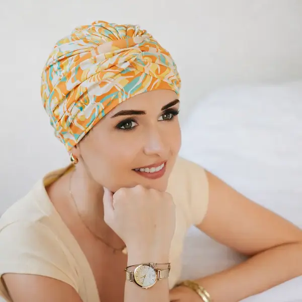 bonnet-chimio-nicoletta-sunset Bonnet chimio Nicoletta Sunset en bambou pour cuir chevelu sensible.