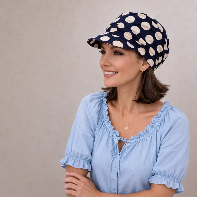 Casquette chimio Adèle en coton navy à pois, un modèle féminin et intempore